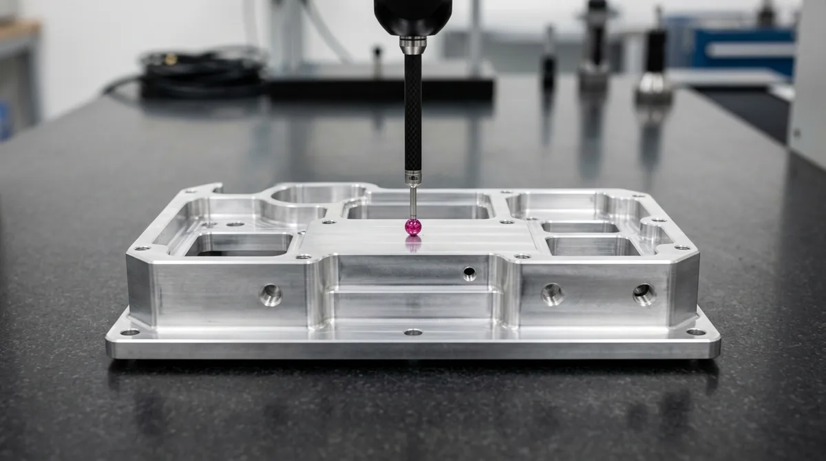 CMM ruby ball probe verifying ASME Y14.5 Datum Plane A on precision CNC milled aluminum housing