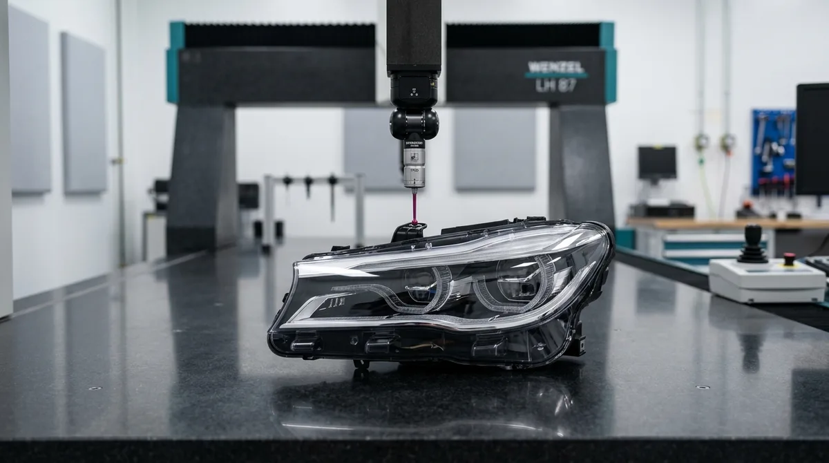 Coordinate measuring machine touch probe inspecting critical mounting datums of an automotive headlamp prototype assembly resting cleanly on a precision granite surface plate