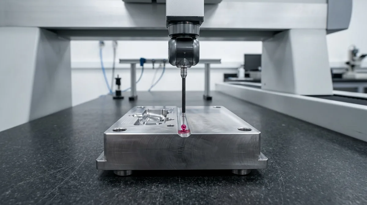 Coordinate measuring machine ruby probe inspecting parting line shut-off land on hardened injection mold insert