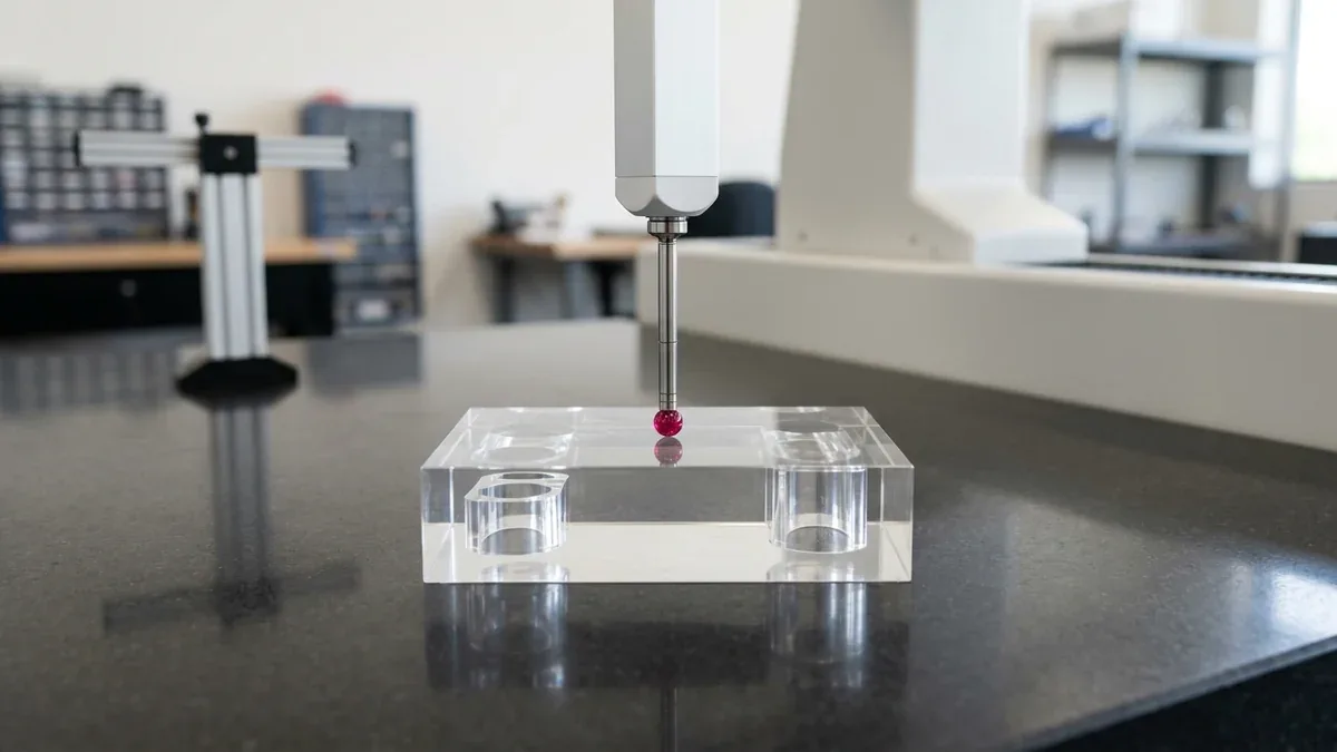 Zeiss CMM Metrology Probe Single-Point Contact on Datum A Reference Plane of Optical PMMA Acrylic Prototype Flat on Granite Table