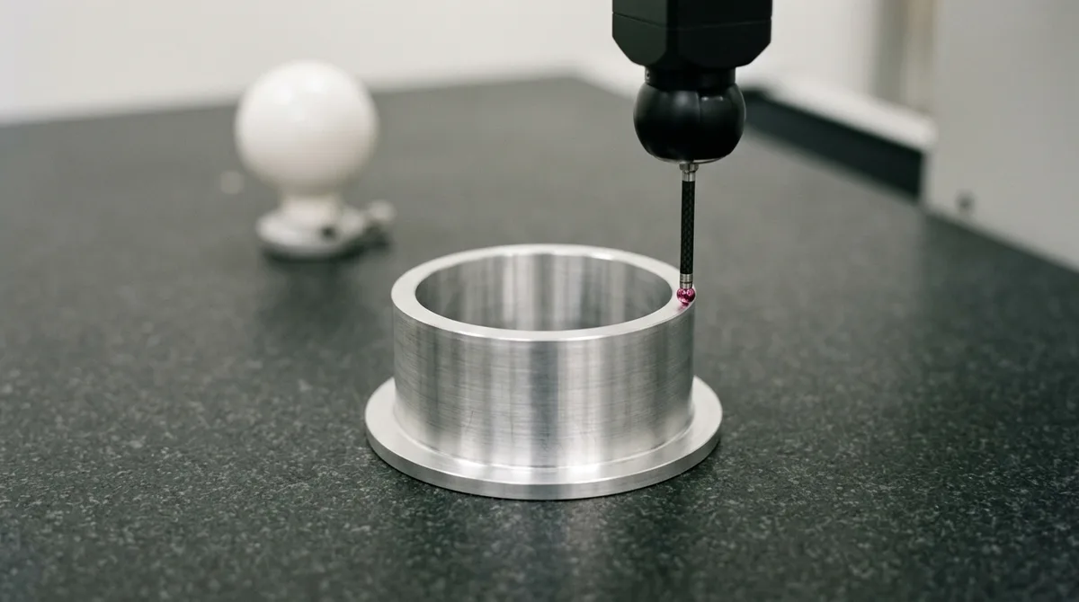 Coordinate measuring machine ruby probe tip verifying roundness on thin-wall aluminum sleeve datum A