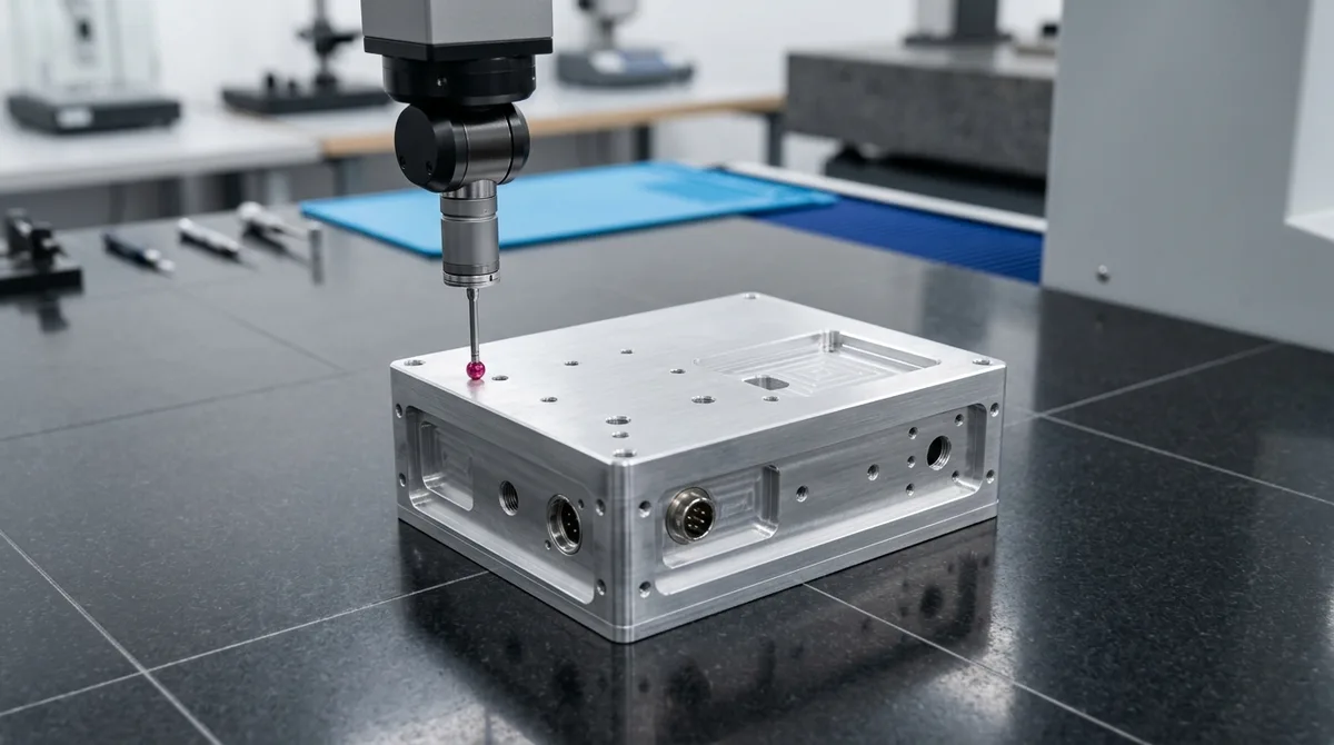 Coordinate measuring machine vertical ruby probe verifying datum planar flatness on precision CNC aluminum chassis resting flat on granite plate