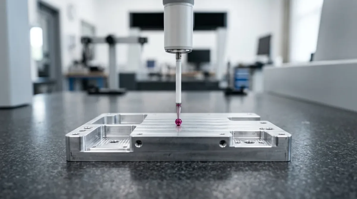 Zeiss CMM Metrology Probe Single-Point Contact on Datum A Reference Plane of Aluminum Prototype Chassis Flat on Granite Table