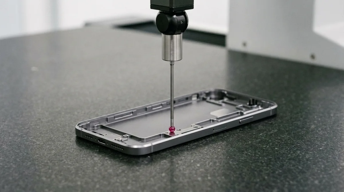 CMM Machine Miniature Ruby Ball Probe Inspecting Datum A Reference Plane of Aluminum Phone Housing Flat on Granite Plate
