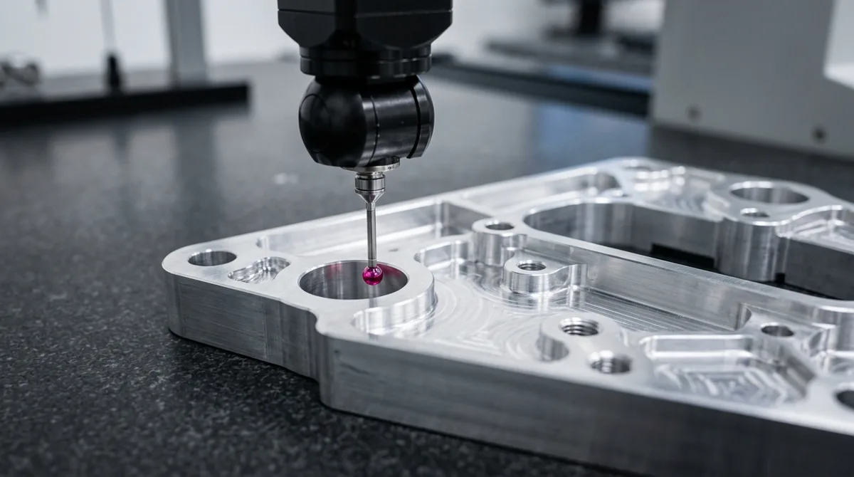 Zeiss CMM automated ruby touch probe verifying internal bore datum and true position GD&T tolerances