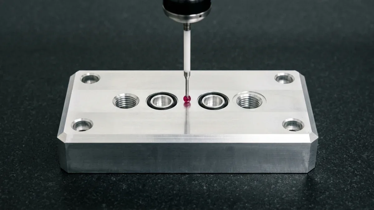 Bridge CMM Tactile Ruby Probe Verifying CNC Aluminum Manifold Datum Bridge CMM ruby probe inspecting top horizontal datum of CNC-machined 6061-T6 aluminum hydraulic manifold block on granite