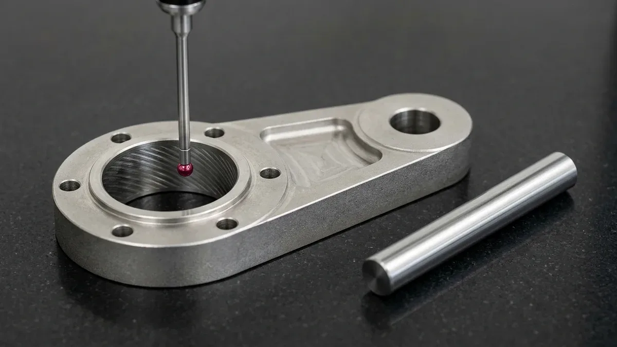Bridge CMM ruby stylus and steel pin gauge inspecting precision bores on a 17-4PH stainless steel linkage plate