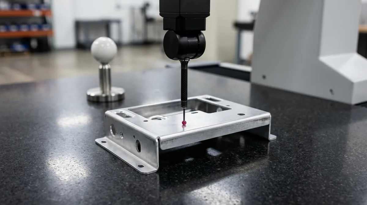 Coordinate measuring machine CMM ruby stylus scanning precision formed sheet metal chassis datum surface on granite plate