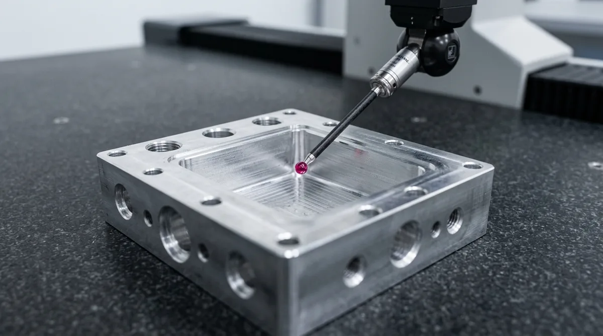 Tactile CMM scanning probe with ruby stylus verifying internal corner fillet radius and wall perpendicularity on CNC manifold