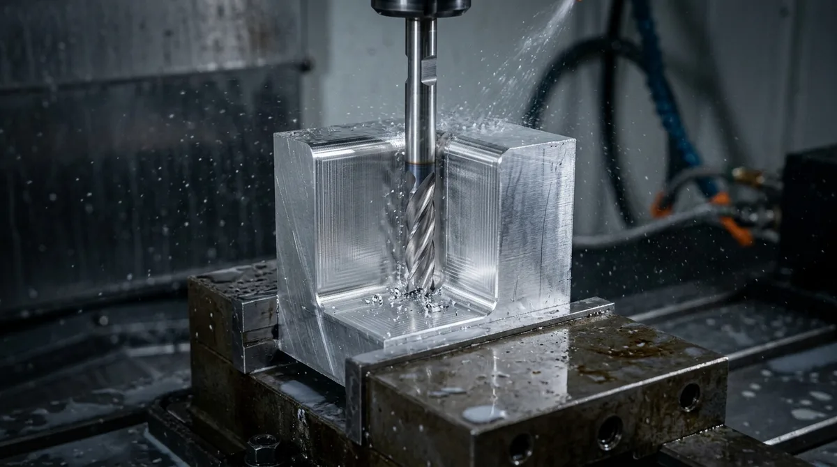Long reach solid carbide end mill finishing deep pocket corner radius fillet in rigid CNC milling vise