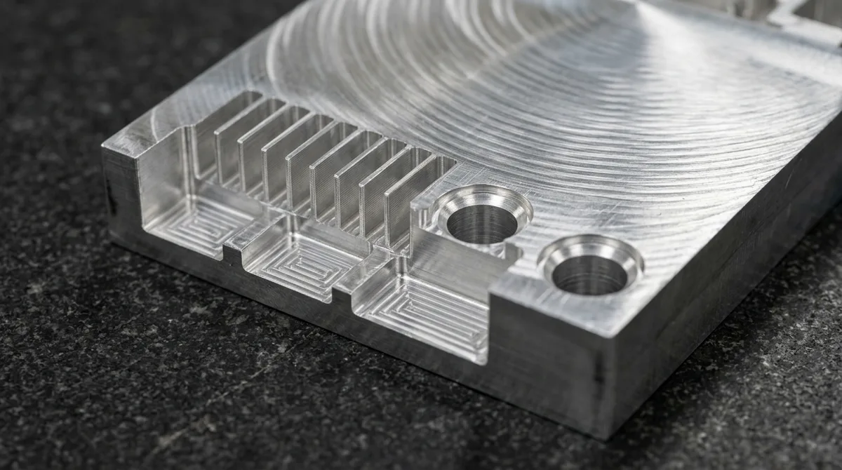 Precision CNC milled 6061-T6 aluminum DFM evaluation test coupon featuring 0.8mm thin walls, corner radii, and counterbored mounting holes