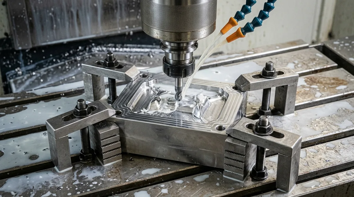 High-speed CNC finish milling hardened tool steel injection mold cavity insert with flood coolant wash