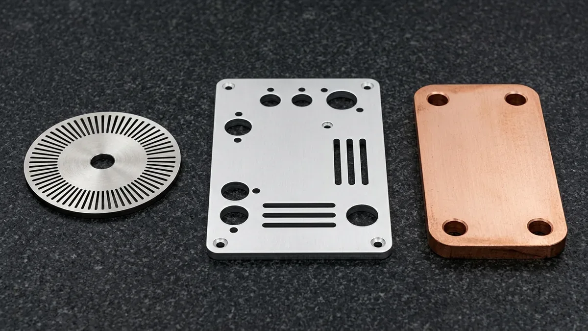 CNC fiber laser cut 1.0mm 304 stainless encoder disc, 2.5mm 5052 aluminum plate, and 6.0mm C11000 copper busbar