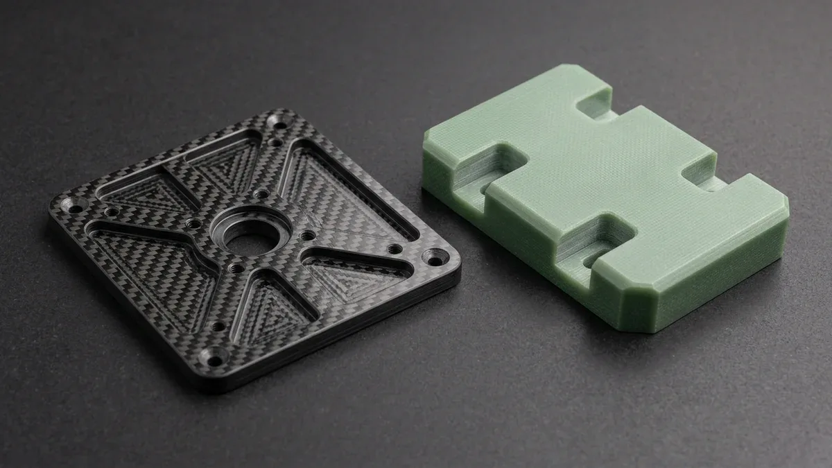 CNC-machined 5.0mm 3K twill CFRP carbon fiber gimbal plate beside 6.0mm G10 glass-epoxy insulator manifold