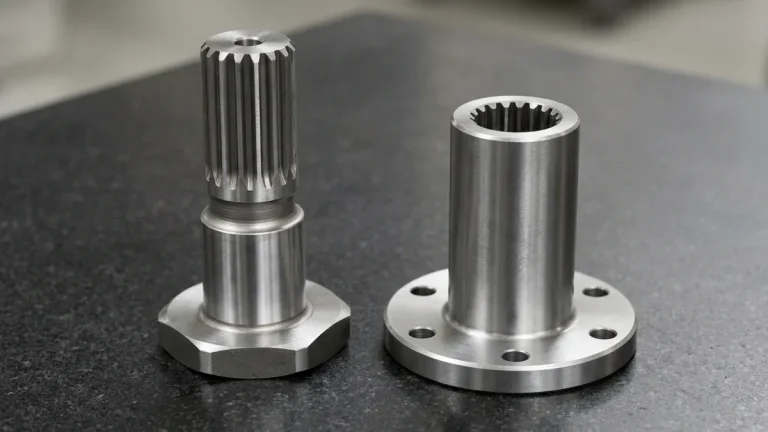 CNC-machined 4140 steel external involute splined shaft with hex base and mating flanged internal-spline coupling sleeve