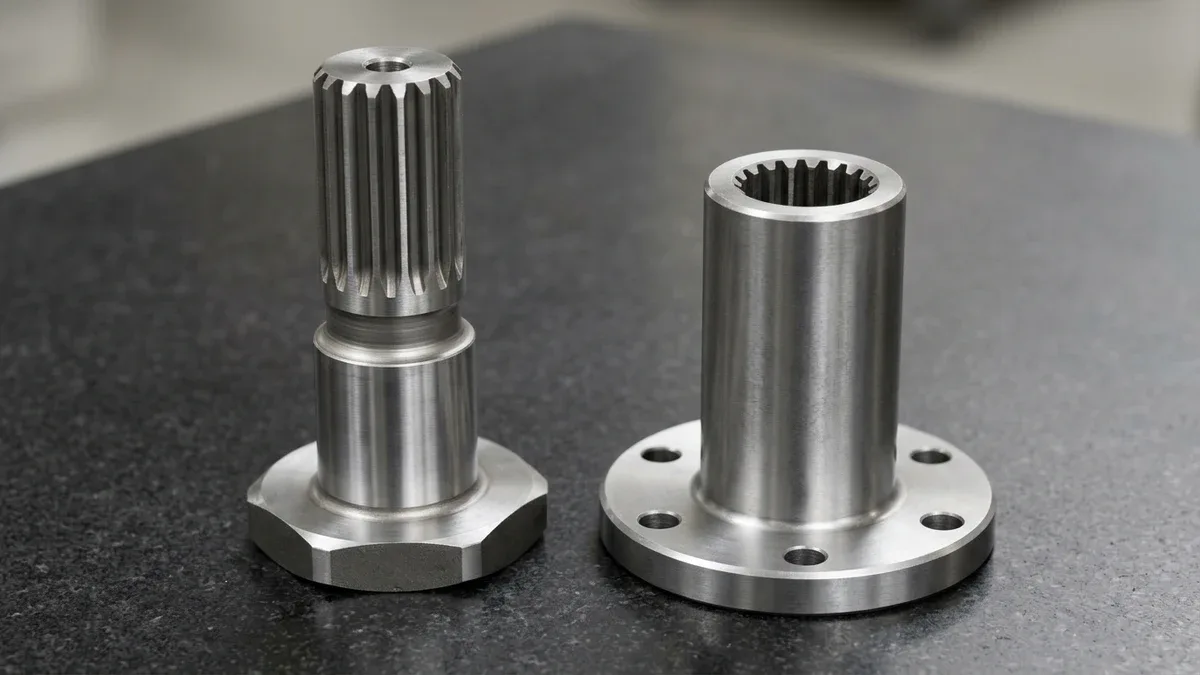 CNC-machined 4140 steel external involute splined shaft with hex base and mating flanged internal-spline coupling sleeve