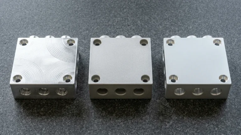 Three CNC-machined 6061-T6 aluminum hydraulic manifold blocks comparing as-milled flycutting, glass-bead-blasted, and ceramic-blasted anodized finishes