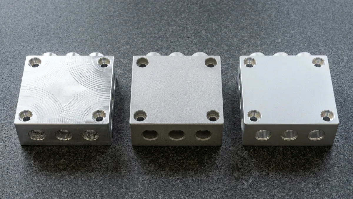 Three CNC-machined 6061-T6 aluminum hydraulic manifold blocks comparing as-milled flycutting, glass-bead-blasted, and ceramic-blasted anodized finishes