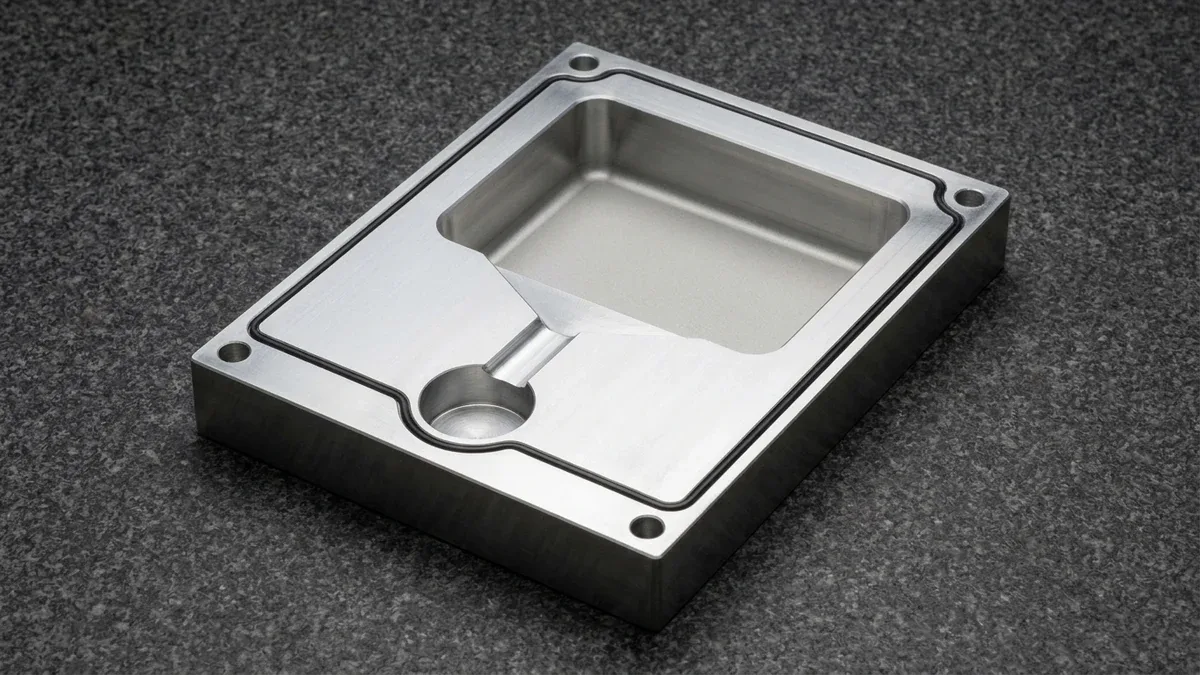 CNC-machined 6061-T6 aluminum Reaction Injection Molding cavity block showing mixhead pocket, laminar fan gate, and O-ring seal.