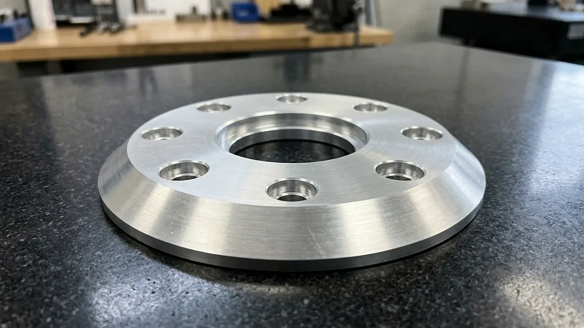 CNC-Machined 7075-T6 Aluminum Rotary Adapter Flange With 37.5-Degree Outer Bevel CNC-machined 7075-T6 aluminum rotary adapter flange featuring a 37.5-degree outer conical bevel and eight counterbored holes