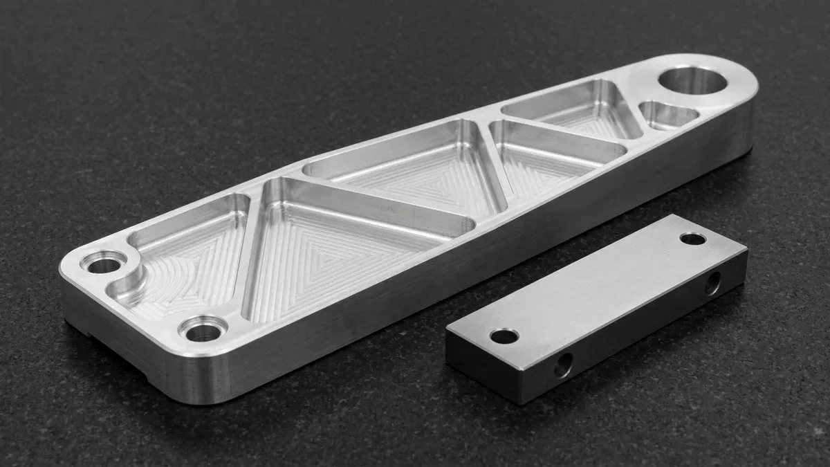 CNC Machined 7075-T651 Aluminum Robotic Isogrid Arm Link Lying Flat on Black Granite Surface Plate