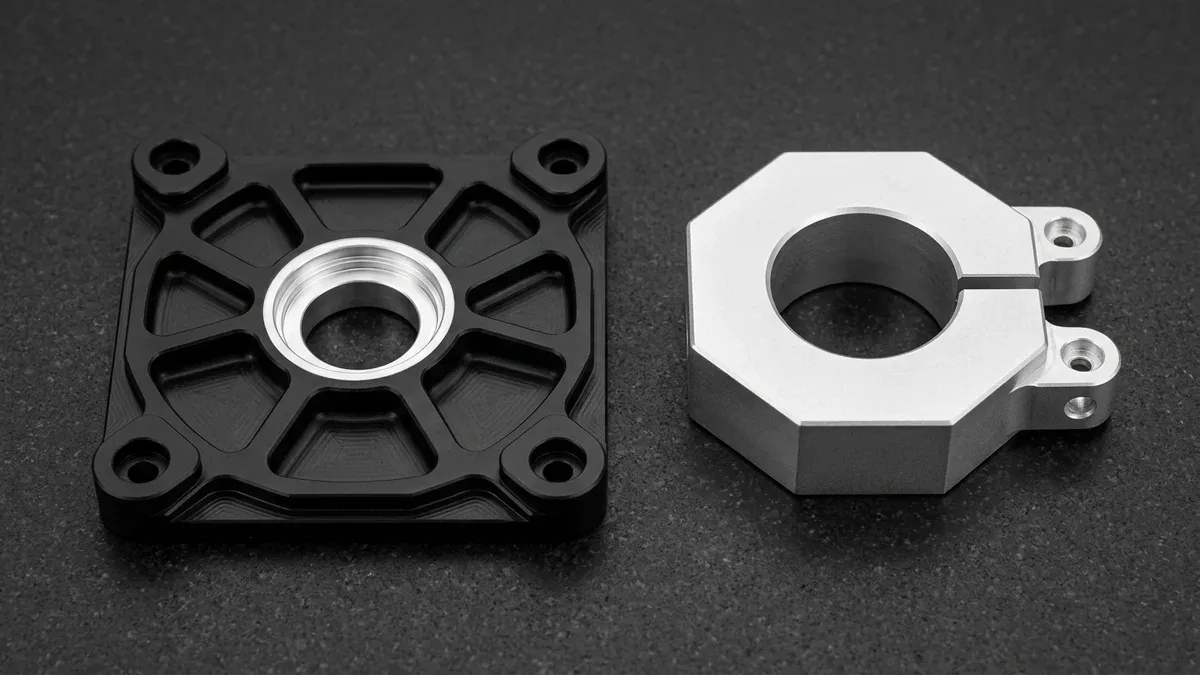 CNC machined 7075-T651 aluminum UAV brushless motor mount plate and octagonal split-clamp folding boom collar