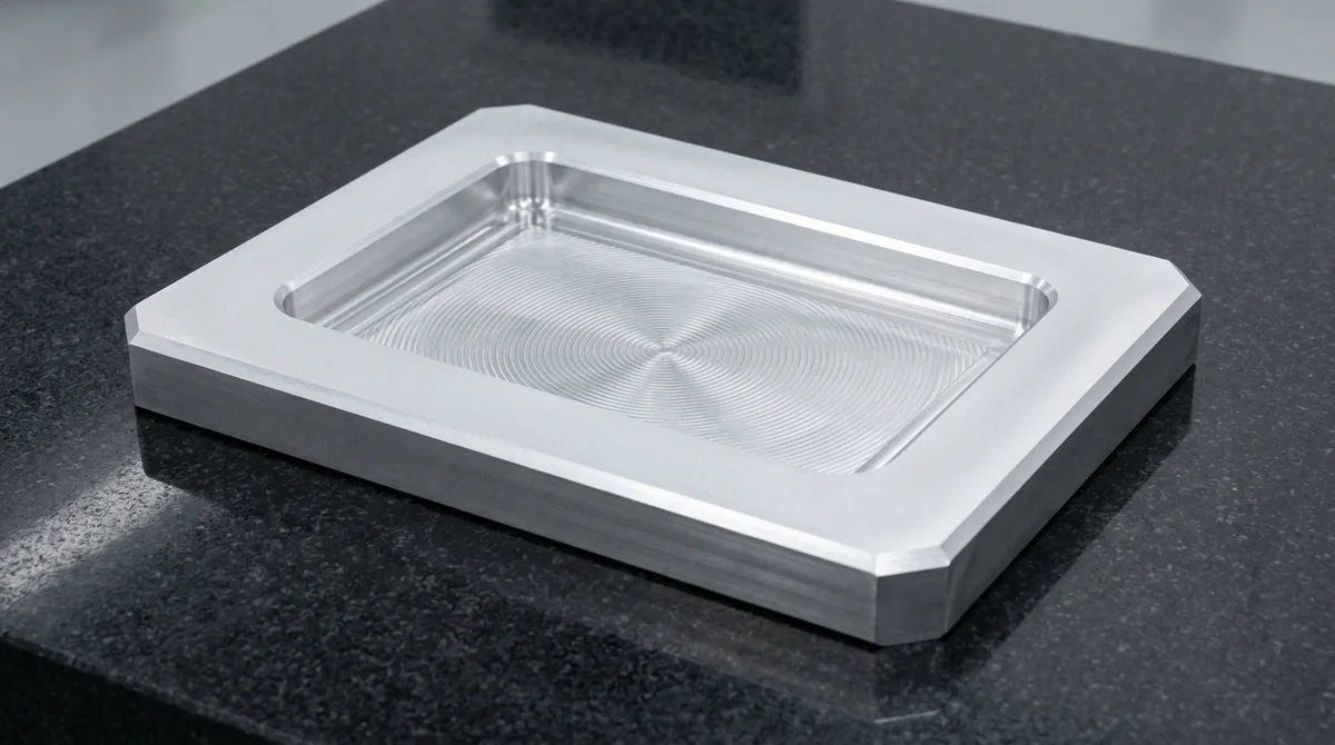 Precision CNC milled 6061-T6 aluminum pocket enclosure showing internal corner fillet radii flat on black granite plate