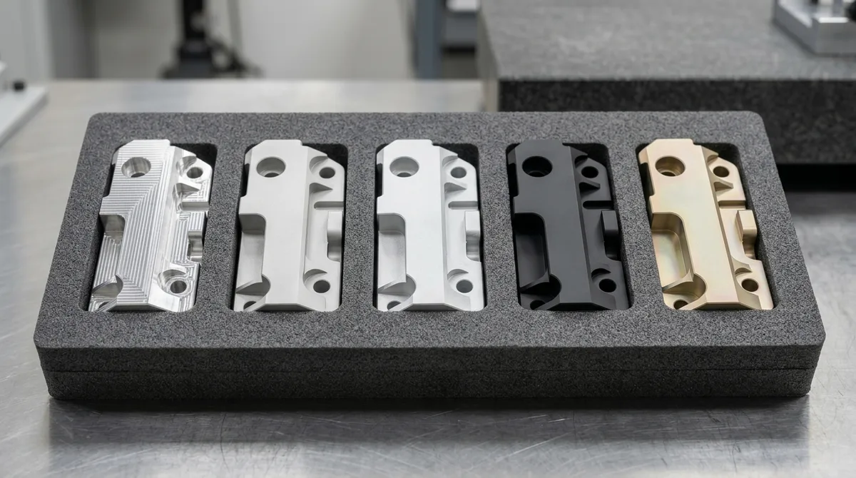 Comparison of 5 surface finishes on identical CNC machined aluminum parts: As-Machined, Bead-Blasted, Clear Anodized, Black Anodized, and Gold Alodine