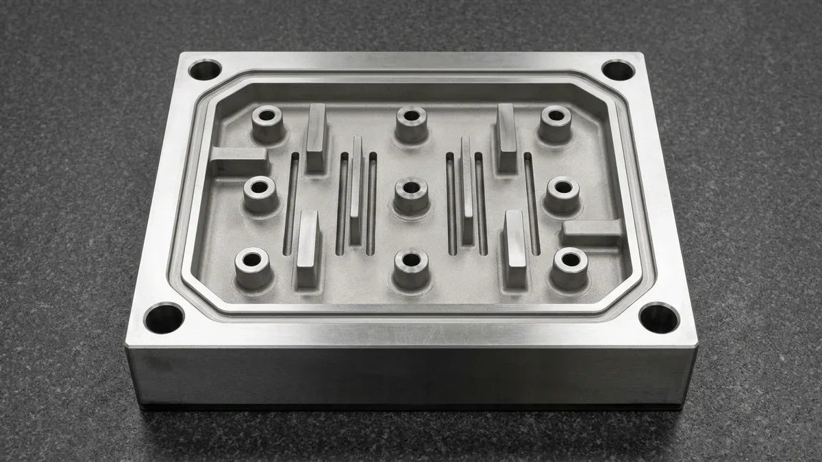 CNC-machined H13 hardened tool steel injection mold core insert showing spark-eroded rib slots and boss sleeves