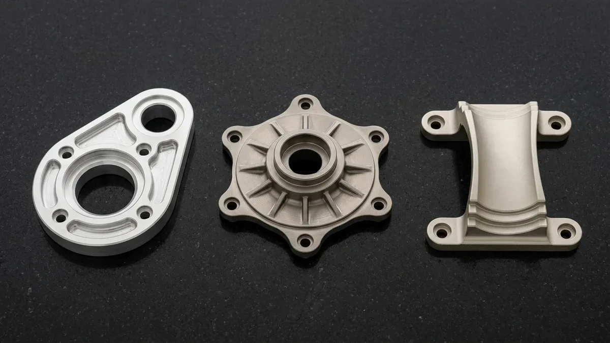 CNC machined 7075-T651 aluminum link plate, Ti-6Al-4V titanium rotary flange, and AZ31B magnesium saddle clamp