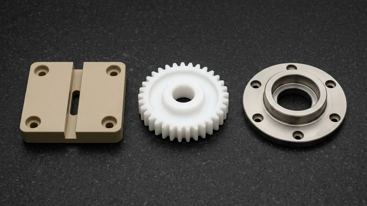 CNC Machined PEEK Thermal Insulator POM-C Spur Gear and Titanium Flanged Bearing Housing CNC-milled khaki-beige PEEK insulator block, white POM-C acetal spur gear, and CNC-turned Ti-6Al-4V titanium flanged bearing housing ring