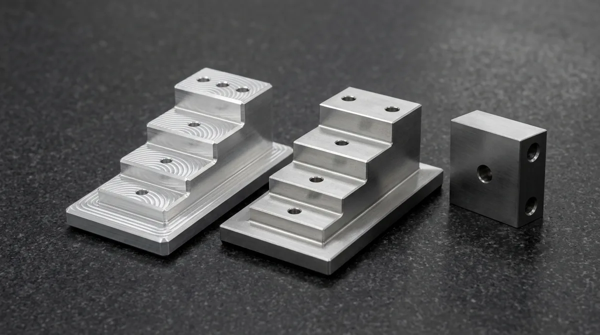 CNC machined 6061 aluminum and 304 stainless stepped tolerance test blocks showing ISO 2768-f precision milled step heights and bore diameters