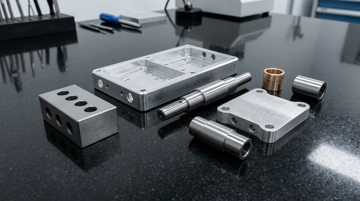 Precision CNC milled 6061 aluminum housing and turned 316L stainless steel shaft showcasing ISO 2768-mK general tolerances and GD&T datum planes