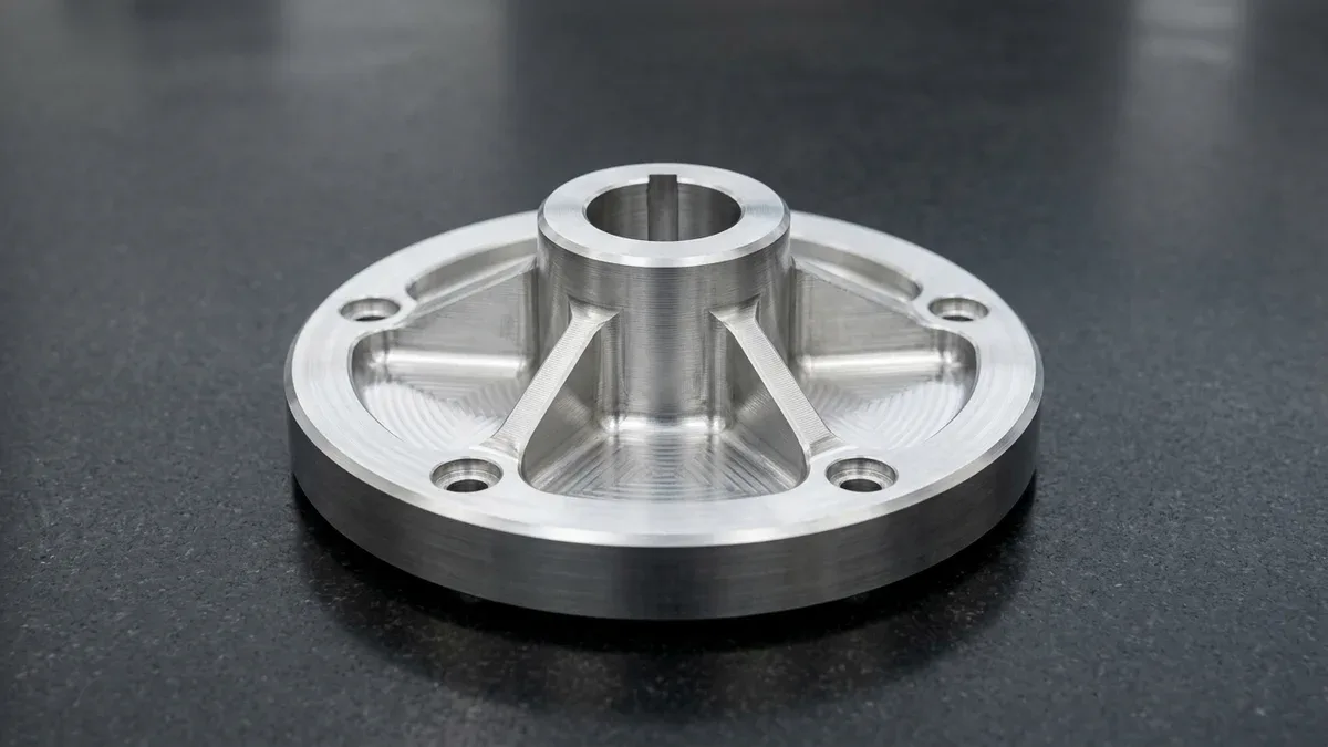 3-axis CNC-milled 7075-T651 aluminum rotary drive hub showing radial stiffening ribs and keyed bearing bore