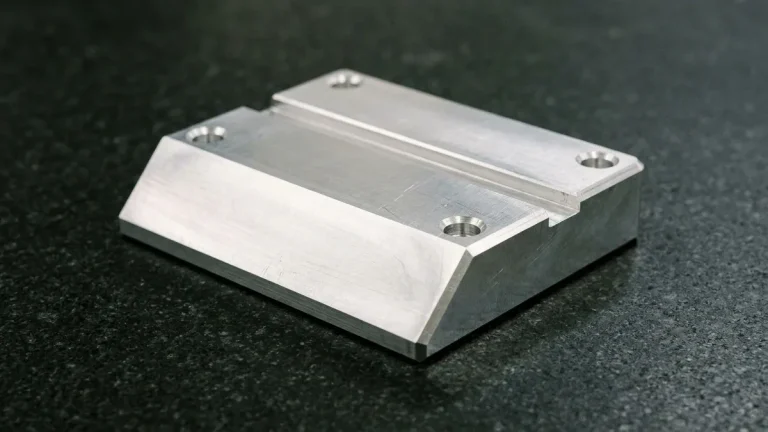 CNC-milled 6061-T6 aluminum structural guide block contrasting a 30-degree full-depth bevel ramp with 45-degree edge chamfers