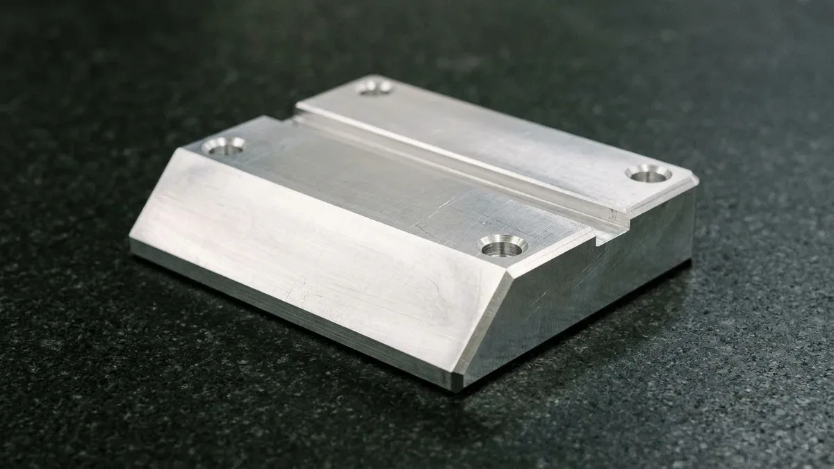 CNC-milled 6061-T6 aluminum structural guide block contrasting a 30-degree full-depth bevel ramp with 45-degree edge chamfers