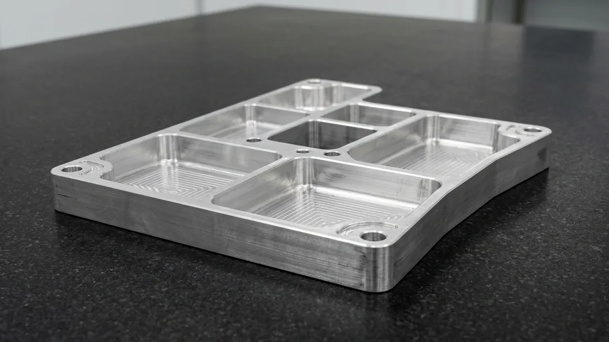 Monolithic CNC-milled 6061-T651 stress-relieved aluminum structural frame with thin-wall stiffening ribs resting flat on granite
