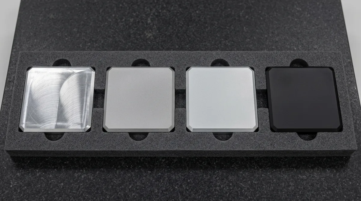 CNC milled 6061-T6 aluminum test coupons comparing as-machined, bead-blasted, Type II clear, and Type III hard anodized finishes