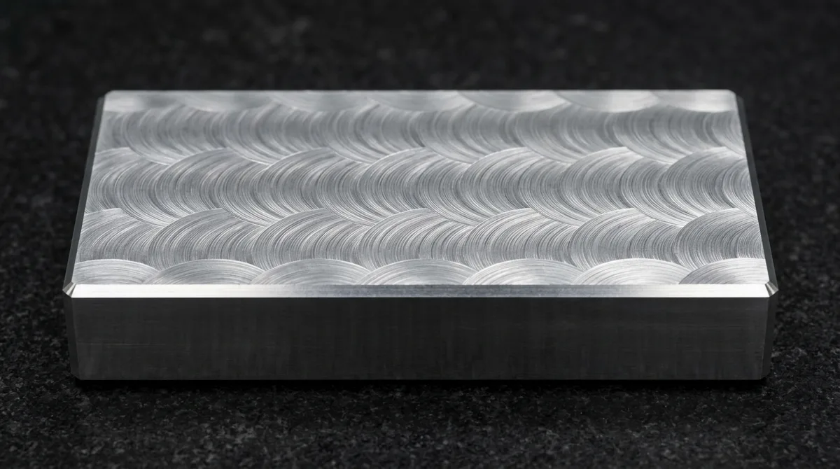 Precision CNC milled 6061-T6 aluminum surface showing multi-pass circular lay and micro-roughness toolpaths