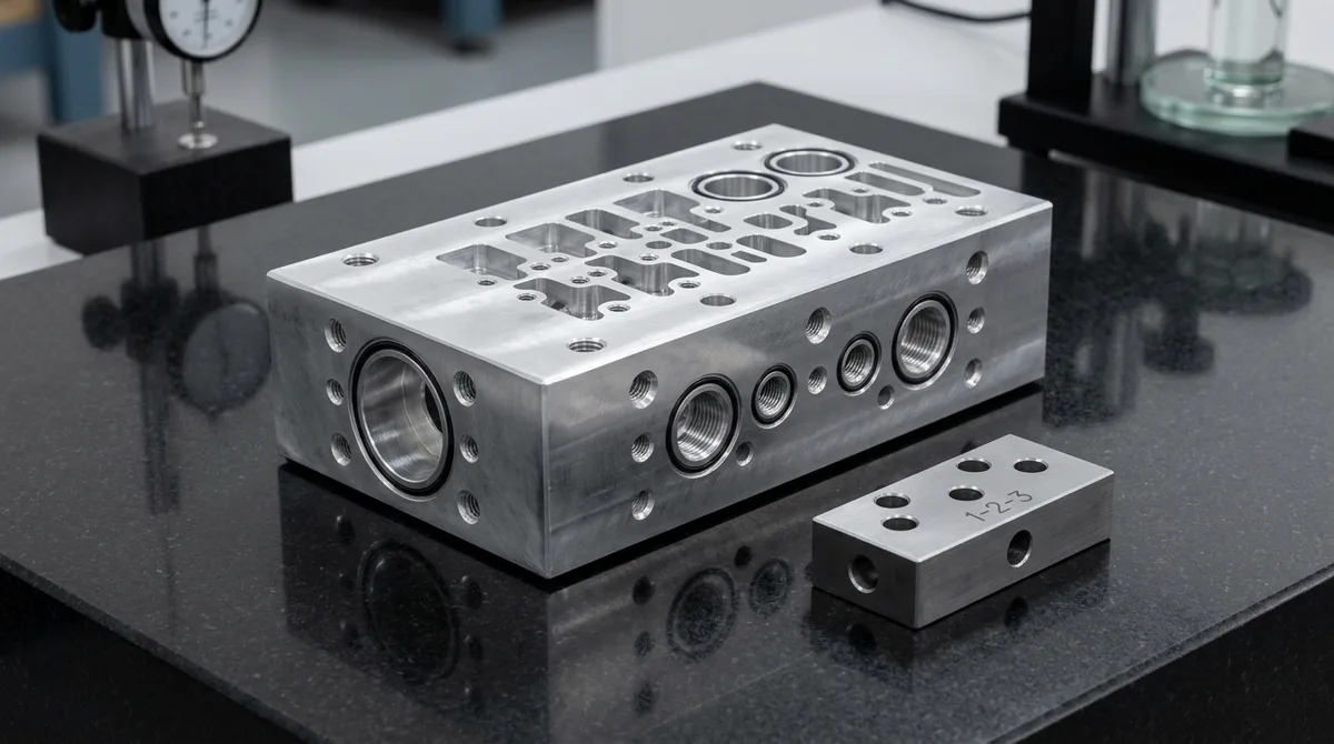 Precision CNC milled 7075-T6 aluminum hydraulic valve manifold block displaying GD&T Datum A plane, perpendicular port faces, and true position hole patterns