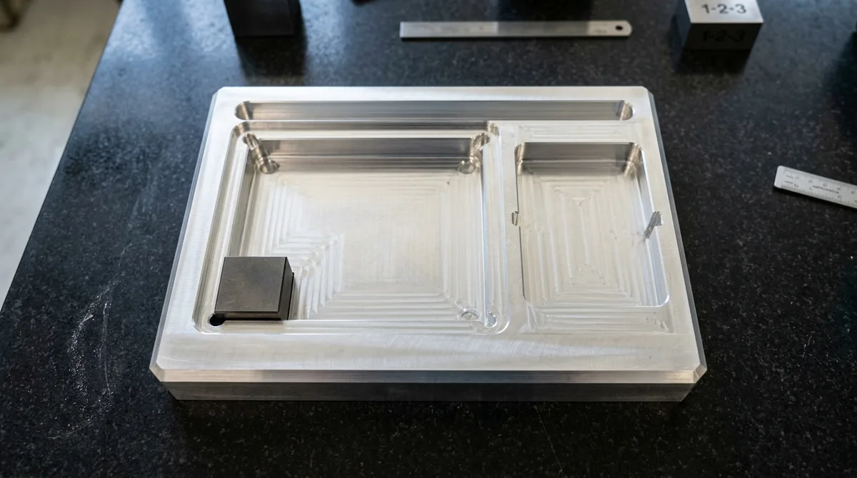 CNC milled aluminum plate with dogbone and T-bone corner reliefs accommodating a square steel gauge block flush
