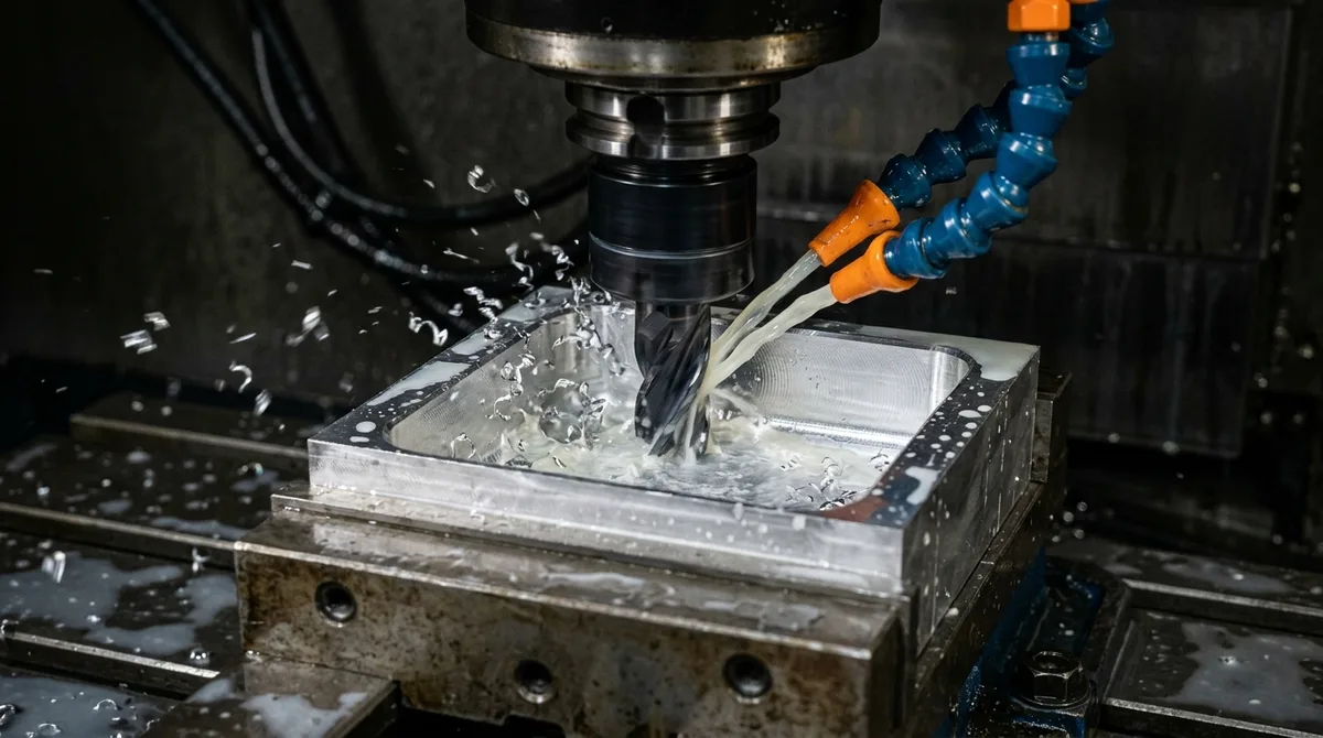 Solid carbide end mill machining inside corner fillet radius with flood coolant in CNC vertical machining center