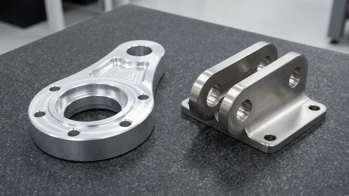 CNC peripheral milled 7075-T6 aluminum twin-bore bearing link plate and 304 stainless steel clevis fork yoke