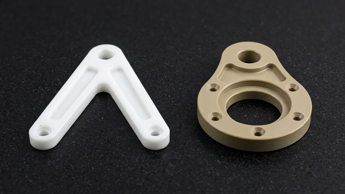 CNC-routed white HDPE wishbone link plate and beige PEEK twin-bore bearing carrier with recessed pockets
