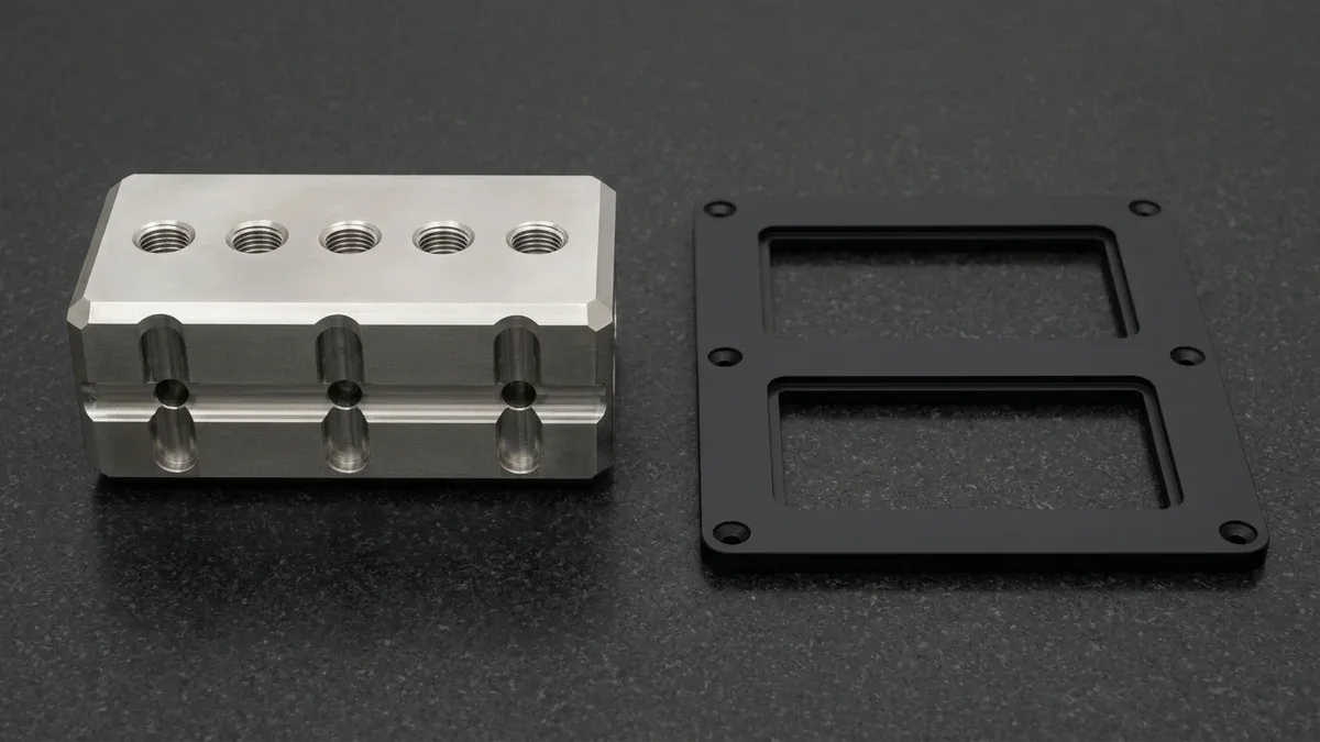 CNC-milled 316L stainless steel hydraulic manifold block beside a CNC-routed matte black PMMA acrylic instrument bezel
