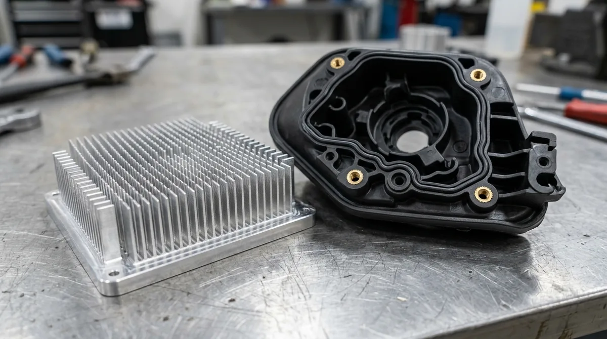 5-axis CNC machined 6061-T6 aluminum skived fin LED heatsink next to polyurethane vacuum-cast headlamp rear housing prototype