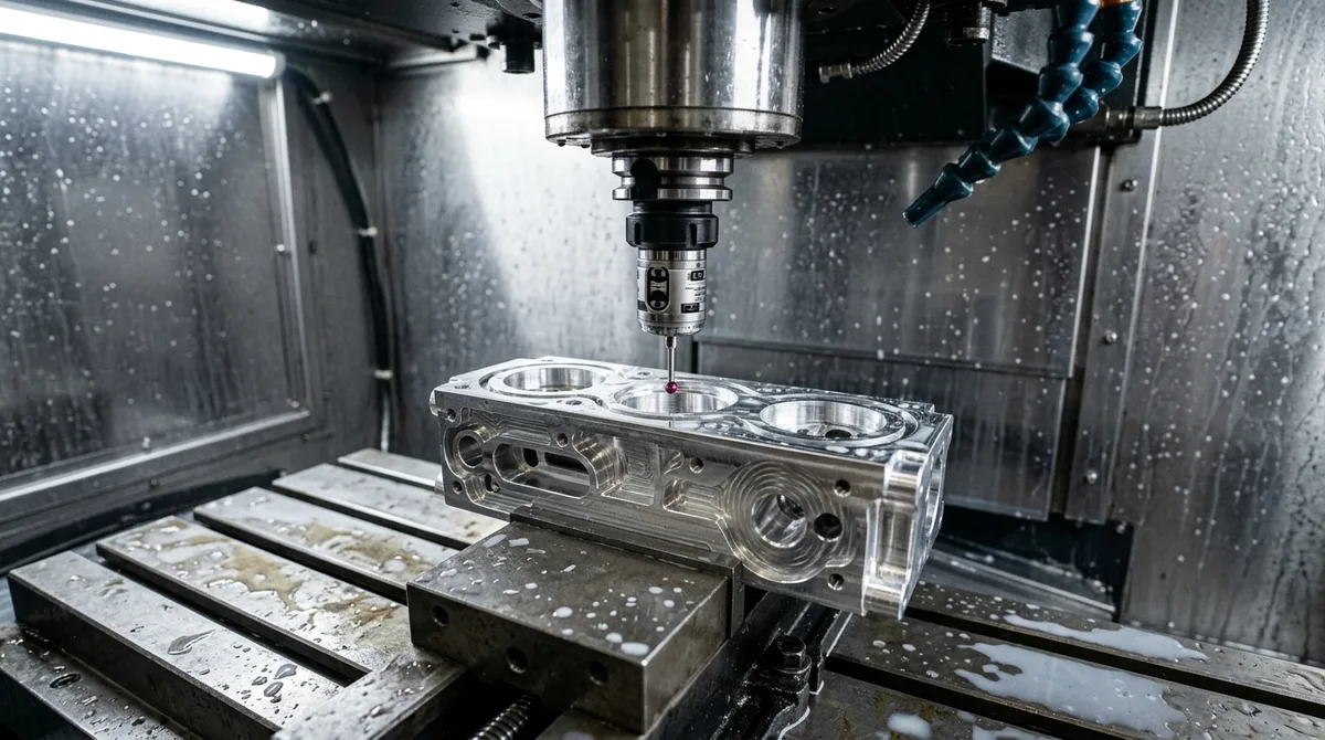 Wireless optical spindle touch probe measuring critical bore datum on prototype aluminum manifold inside CNC machining center