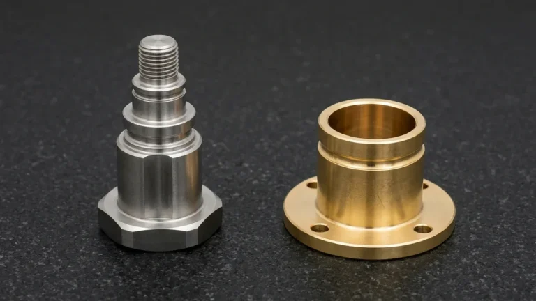 CNC-turned 17-4PH stainless steel stepped actuator shaft with hex flange and C3604 brass flanged bearing sleeve