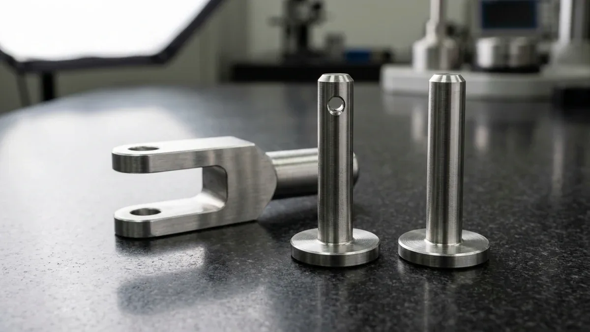 Two Swiss-turned 316L stainless steel headed clevis pins with cotter holes beside a clevis yoke.