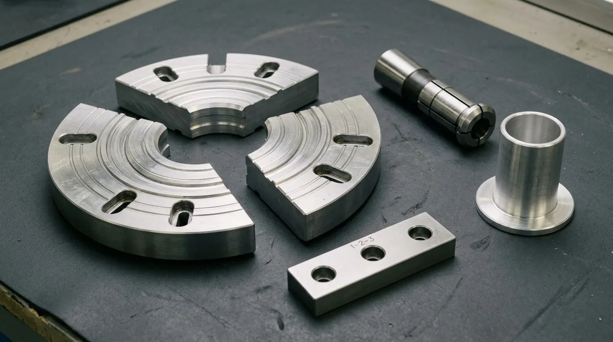 CNC-machined aluminum segmented pie-jaws and expanding mandrel fixturing resting flat for thin-wall turning